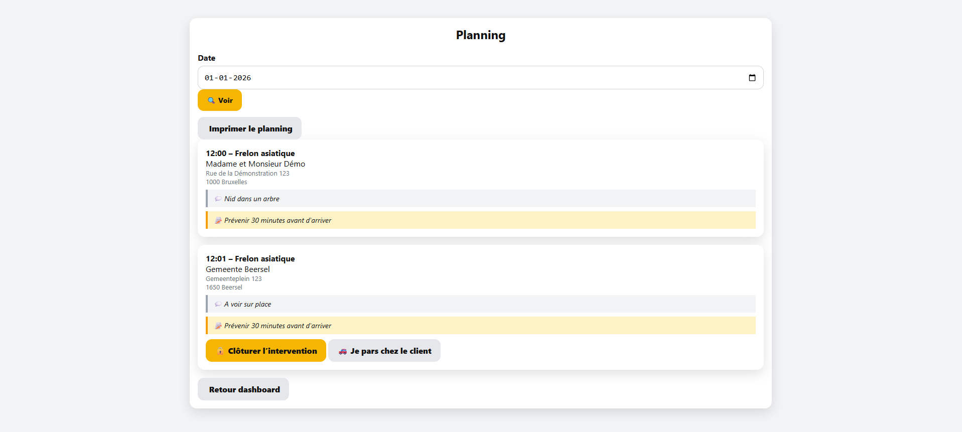 Planning des interventions
